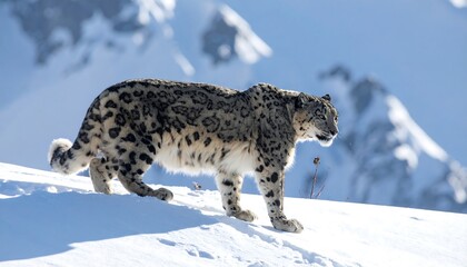 Obraz premium Majestic Snow Leopard Walking on a Snowy Mountain Ridge.