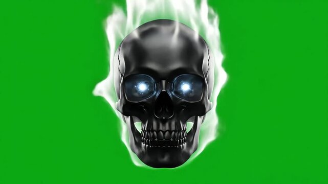 Ominous 3d black skull emoji with glowing blue eyes burns in ghostly flames against a bright green screen.
