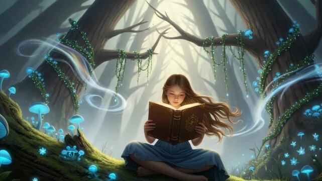 Young Girl Is Sitting On Log In Glowing Magical Forest Reading Book The Scene Is Magical Fantasy-like With Blurred Light-filled Background For Childrens Stories Book Covers