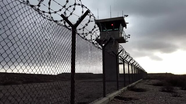 Razor wire fence and guard tower under a dark, cloudy sky at a high-security facility.