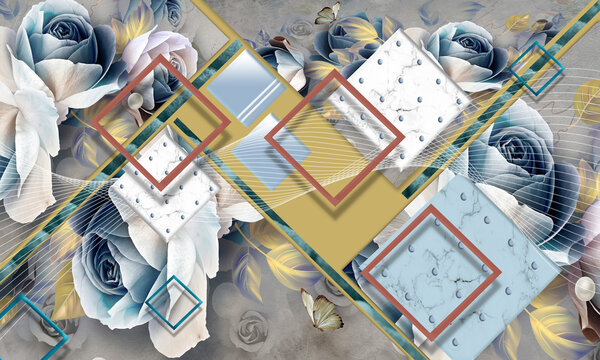 Luxury 3D wallpaper design featuring elegant blue roses with golden geometric frames and artistic brush strokes. Three-dimensional wall decoration combining vintage floral elements with modern abstrac