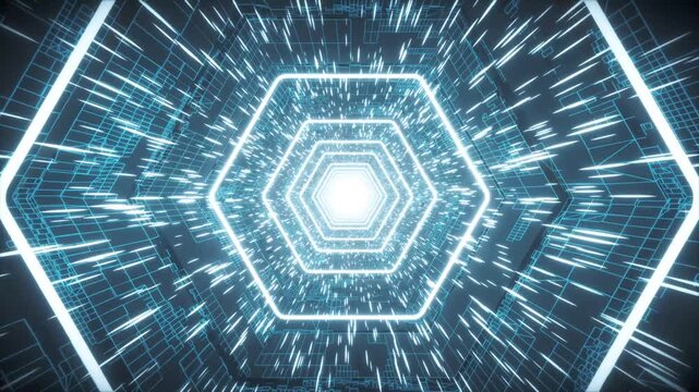 Blue futuristic hexagonal tunnel motion abstract background with digital lines and light streaks