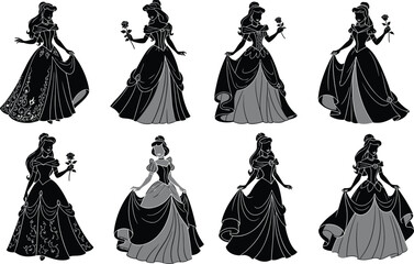 Elegant princess silhouette collection featuring fairy tale woman in royal gown holding rose, fantasy character set illustration isolated on white background vector design