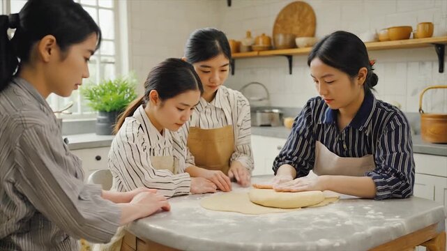 Four women in aprons preparing dough on a counter in a kitchen, natural light