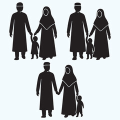 Set of Minimalist Muslim Family Silhouettes with Father Mother and Child for Islamic Projects and Cultural Design
