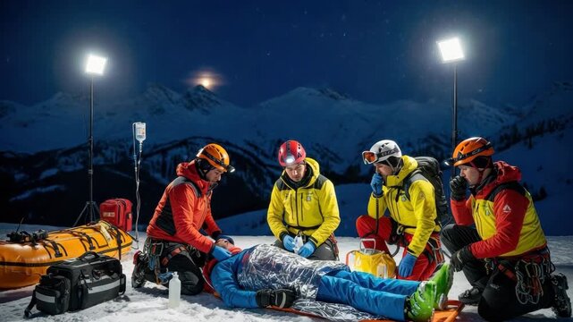 Winter Mountain Rescue Team Tending To Injured Person At Night Under Artificial Light Moonlight In Snow-covered Alpine Setting For Medical Emergency Adventure-themed Content