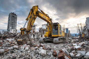 Fototapeta premium Demolition of old building with excavator machine in urban area surrounded by rubble and debris under cloudy sky creating dramatic atmosphere