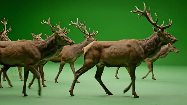 A group of brown deer with antlers running on a green screen background. Perfect for animal greenscreen, wildlife presentations, educational materials.