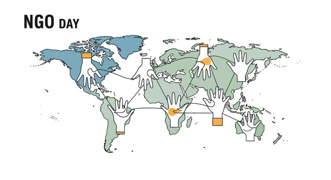 Illustration of a world map with interconnected hands for NGO Day, symbolizing global unity and cooperation on a white background with green and blue continents.
