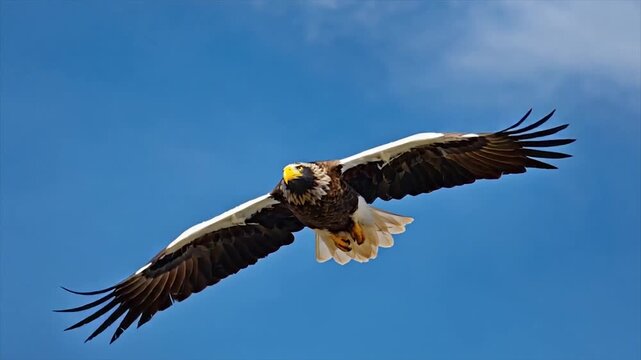 An eagle soars overhead, wings spread wide against a bright blue sky