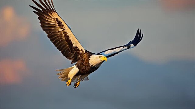 A majestic bald eagle soars mid-flight, wings spread, against a sky of soft hues
