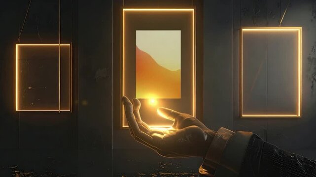 Illuminated hand holding a golden sphere with glowing frames in a dark room