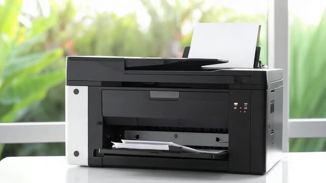 Modern Multifunction Printer with Paper on Desk in Bright Office Setting