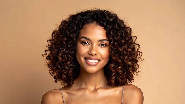 Studio portrait of young woman with curly hair and neutral expression against warm plain background