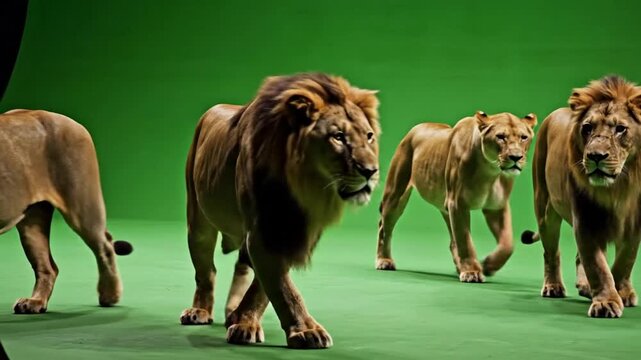 Four lions walking in a line on a green screen background, captured in a realistic photographic style with warm golden tones. Perfect for wildlife documentaries, educational videos, and