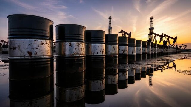 Oil Barrels Reflecting On Water Next To Oil Pumps During Sunset The Energy Industry Fossil Fuels For Environmental Concepts Editorial Use