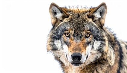 Obraz premium Close-up of a majestic wolf with piercing amber eyes, set against a stark white backdrop