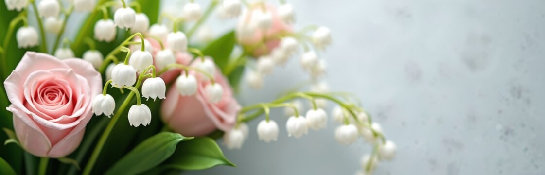 Soft pink rose and white lily of valley flowers arranged in elegant bouquet. Green stems and leaves create natural beauty for spring celebration or wedding decor.