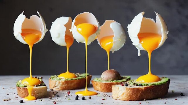 Five poached eggs with flowing yolks over avocado toast and a simple grey background