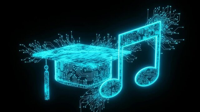 Neon Blue Circuits Represent Graduation Cap Musical Note Showcasing Music Education Technology Against Black Background Its For Education Technology Related Visuals