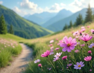 Fototapeta premium Pink cosmos flowers bloom in a mountain meadow next to a winding dirt path. Green hills under a blue sky create a serene landscape scene with majestic peaks in distance.