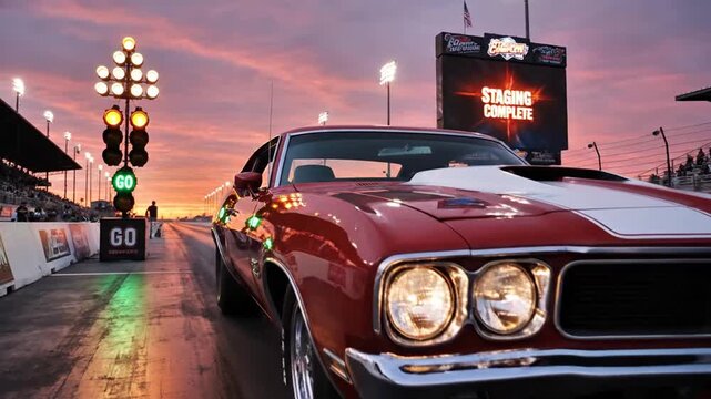 Red classic muscle car staged at a drag racing track under a beautiful sunset sky