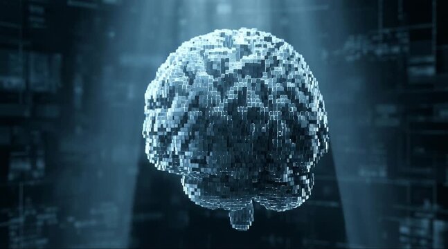A futuristic video visualization of a brain made of digital code in a dark background with blue light beams