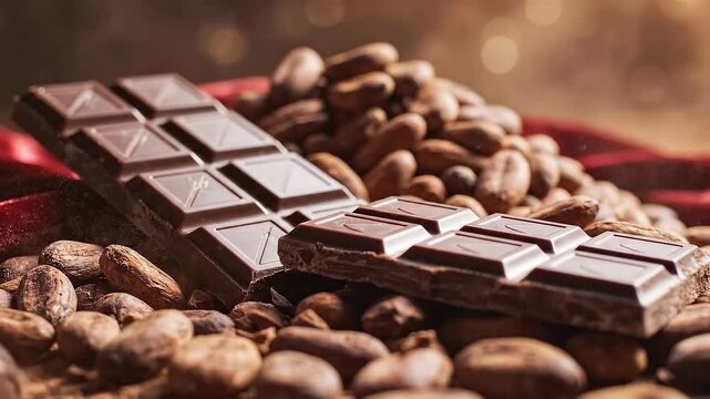 A broken chocolate bar lies amidst scattered coffee beans on a rich, red fabric, close-up view.