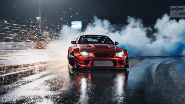 Red customized sports car drifting on a wet track at night with sparks and blue smoke