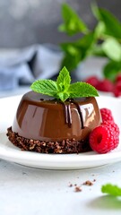 Delicious chocolate dessert with fresh mint and red raspberries
