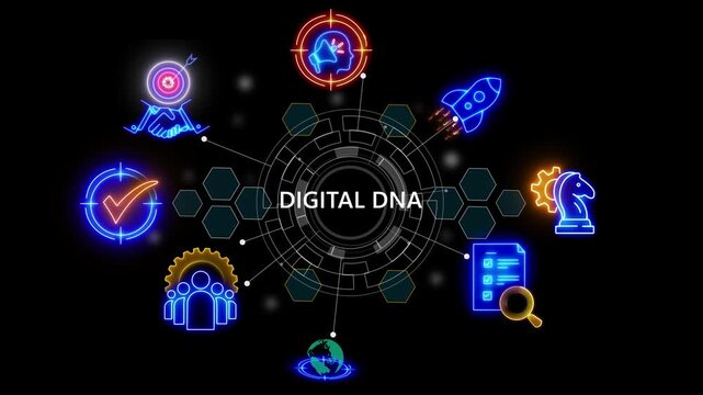 digital DNA text .internet and networking concept, cube glow with and holographic futuristic technology matrix global security with digital spot light and stretch background 4k video animation