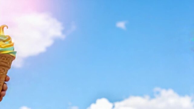 Two hands holding vibrant rainbow soft serve ice cream cones against blue sky