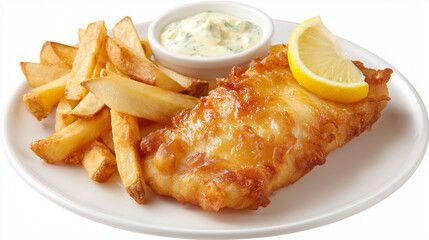 白い皿に盛り付けられたタルタルソースとレモンを添えたカリカリで黄金色のフィッシュアンドチップス