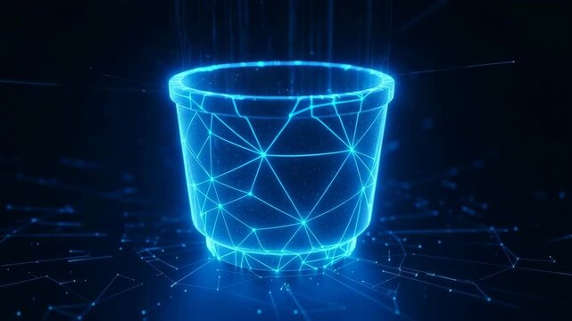 Futuristic 3d Rendering Of Digital Cup Shape Illuminated With Blue Lines Floating In Dark Abstract Network Background For Design Concepts Related To Technology Innovation