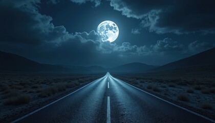 Vast highway under bright full moon and cloudy night sky. Empty road leads through desolate landscape. Serene journey through dark wilderness.