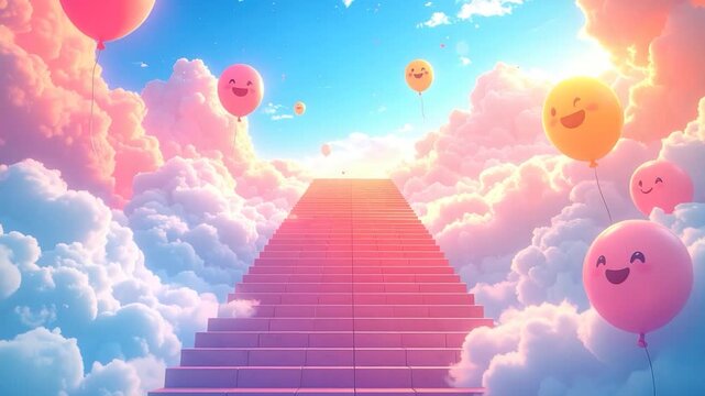 A whimsical ascent Stairs to light amidst smiling balloons and pastel clouds