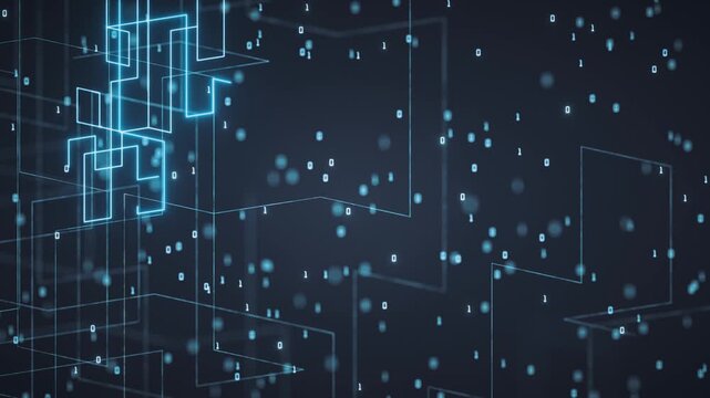 Abstract digital data matrix with blue neon circuit lines and falling binary code numbers in dark virtual space
