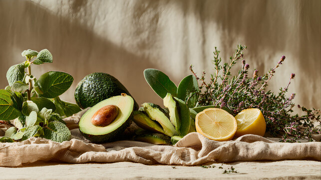 avocado half slices lemon thyme herbs rustic backdrop natural light setting 4096w