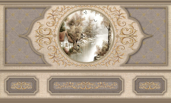 Luxurious 3D wallpaper design featuring ornate baroque style golden frame with romantic angel scene centerpiece on elegant grey panel background. Three-dimensional classical wall decoration with intri