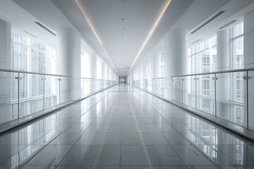 Fototapeta premium Empty modern business center hallway with glass railings and reflective tiled floor, bright natural light fills spacious corridor creating clean and professional atmosphere
