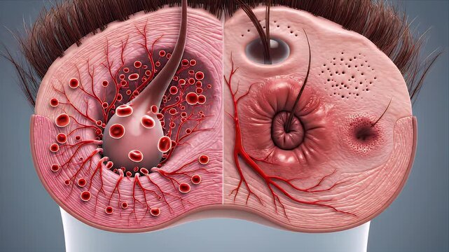CGI Animation Showing Hair Follicle Structure with Blood Vessels and Hair Shaft in Gray Background Medical Explainer