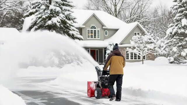 Man Operating Snow Blower On Residential Driveway Removing Heavy Snowfall In Front Of Snow-covered House During Winter Home Maintenance Winter Chores