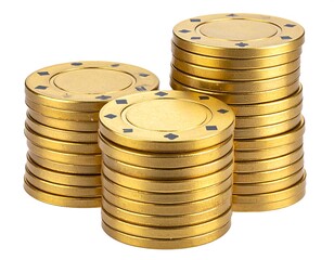 Three stacks of gold-colored casino chips isolated on white