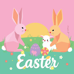 Fototapeta premium Cute Easter Bunny Family with Eggs Flat Illustration