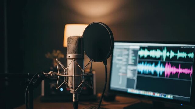 Professional Condenser Microphone Set Up In Recording Studio Capturing Audio Computer Screen Displays Audio Waveforms For Podcasting Music Production Voiceover Recording