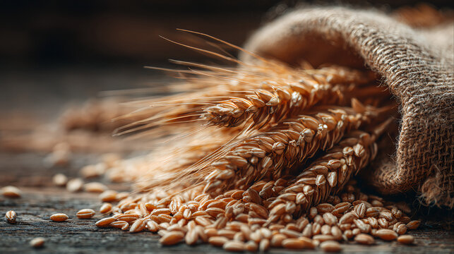 whole grain wheat ears seeds kernels cereal food burlap sack rustic wooden table macro close up