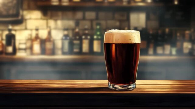 Glowing beer glass in warm bar ambiance 