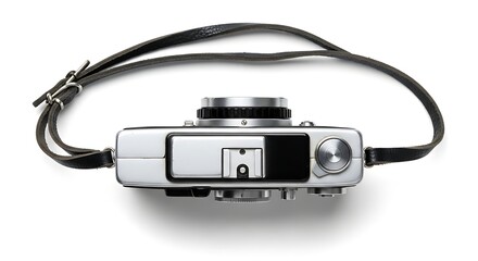 Vintage Camera with Strap on White Background.
