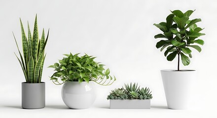Fototapeta premium Indoor Plants in White Pots on White Background.