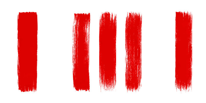 A set of red paint brush strokes with a colorful art texture is isolated on a white background as a hand drawn design element for heart and love decorations